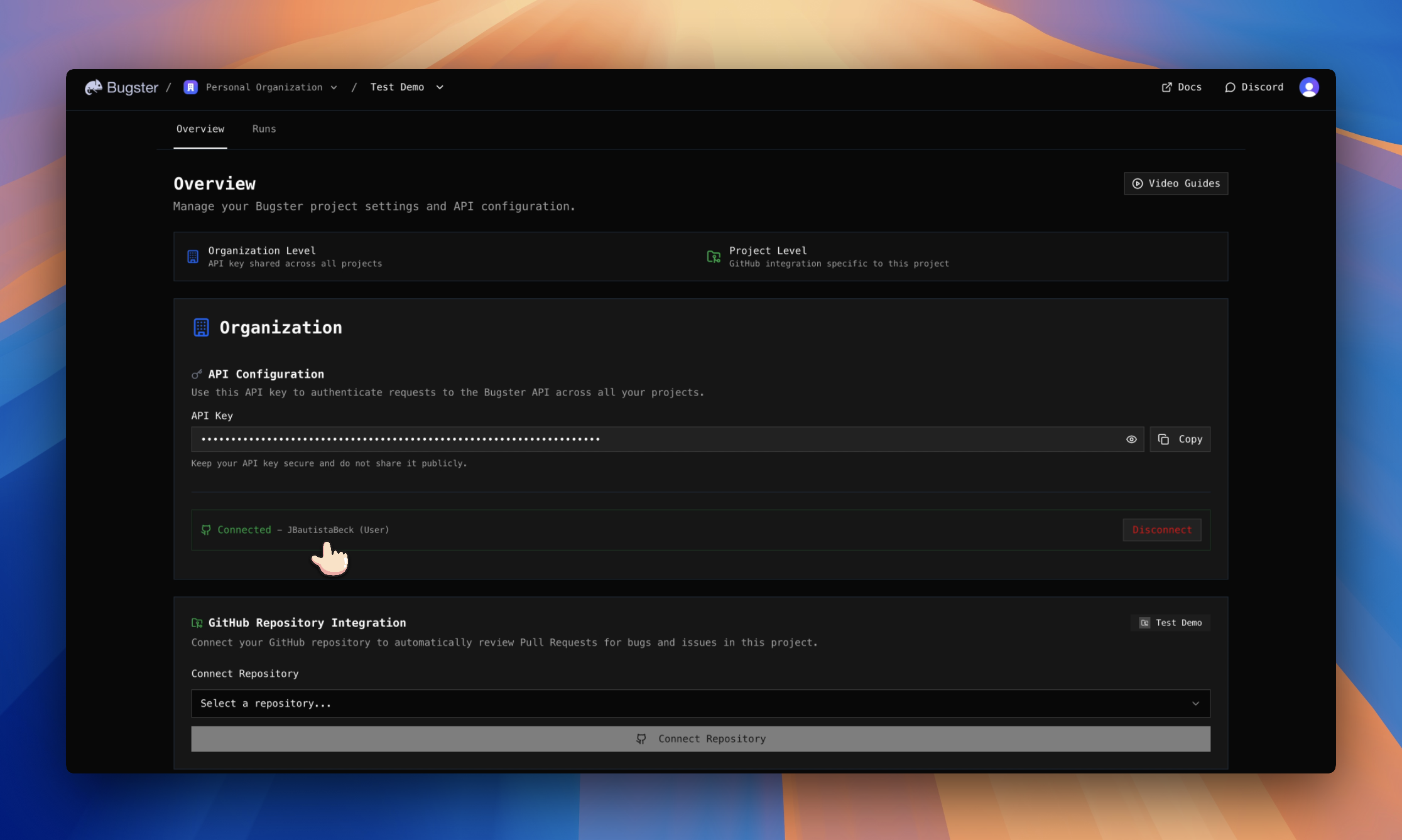 Successful connection status showing the connected user