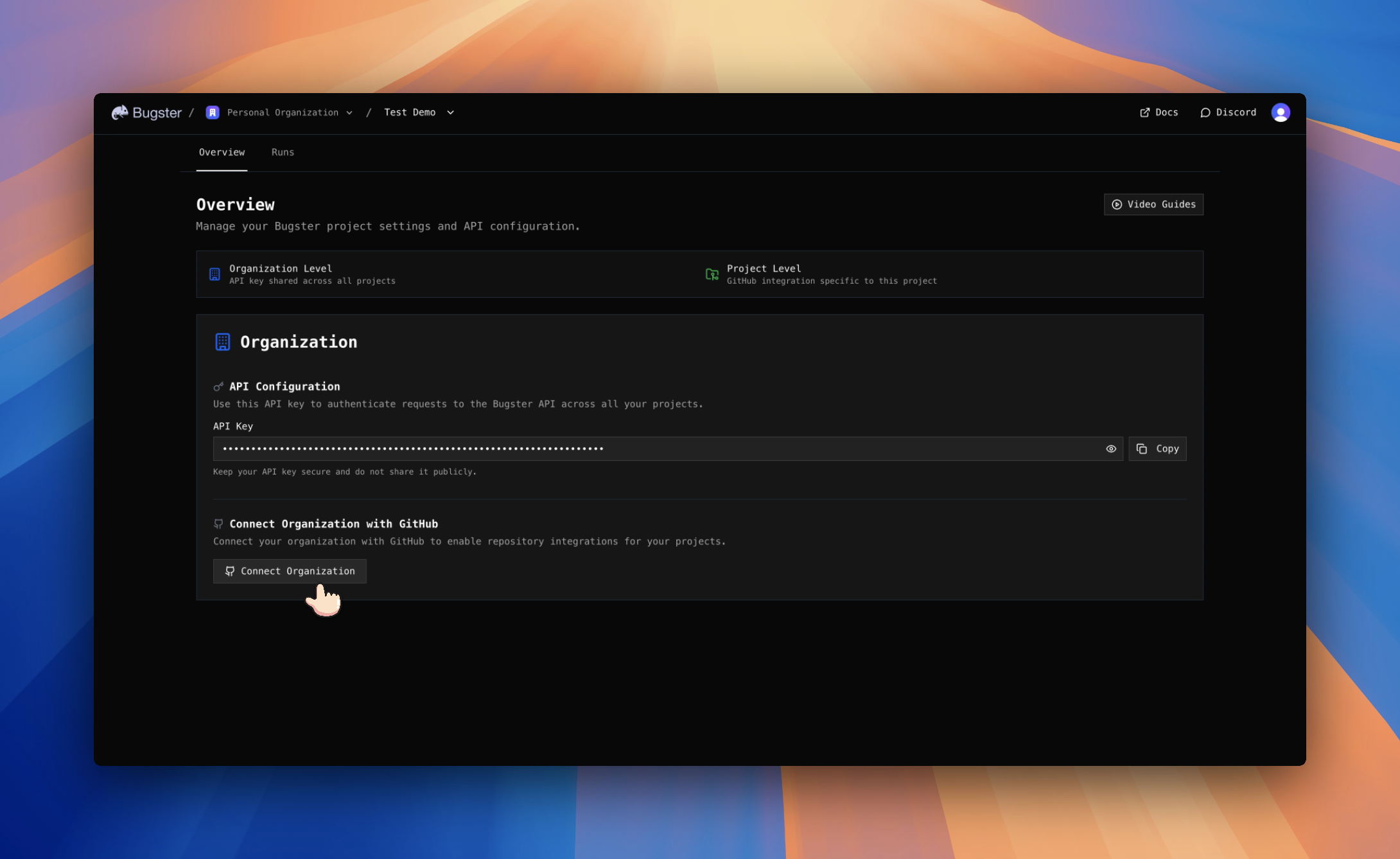 Bugster dashboard showing the Overview page