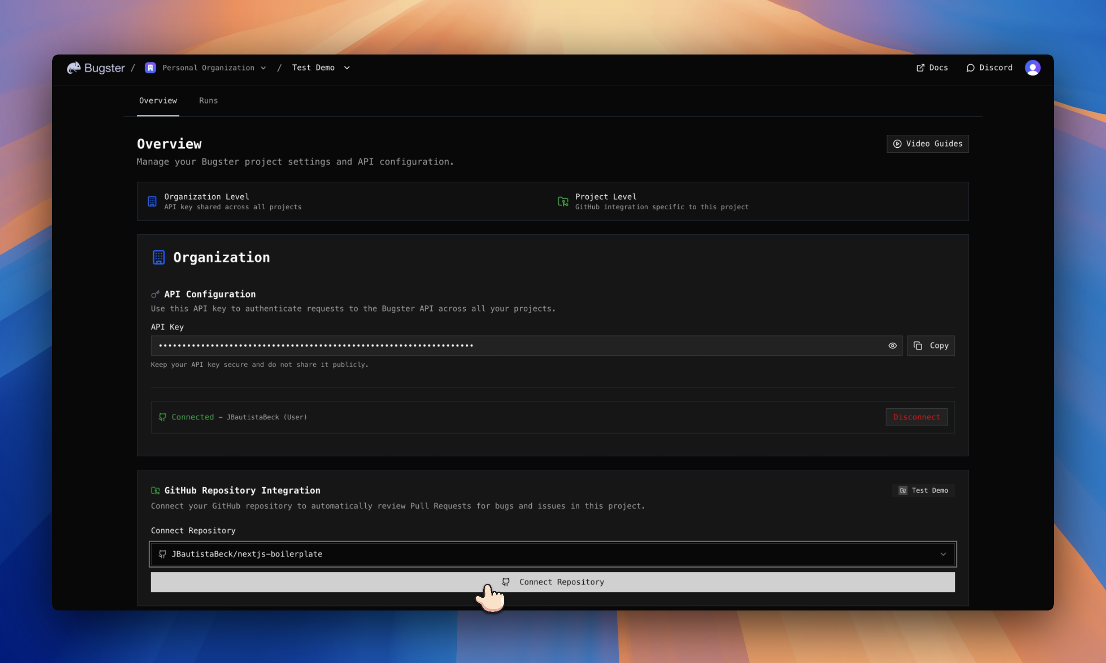 Dropdown showing available repositories to connect