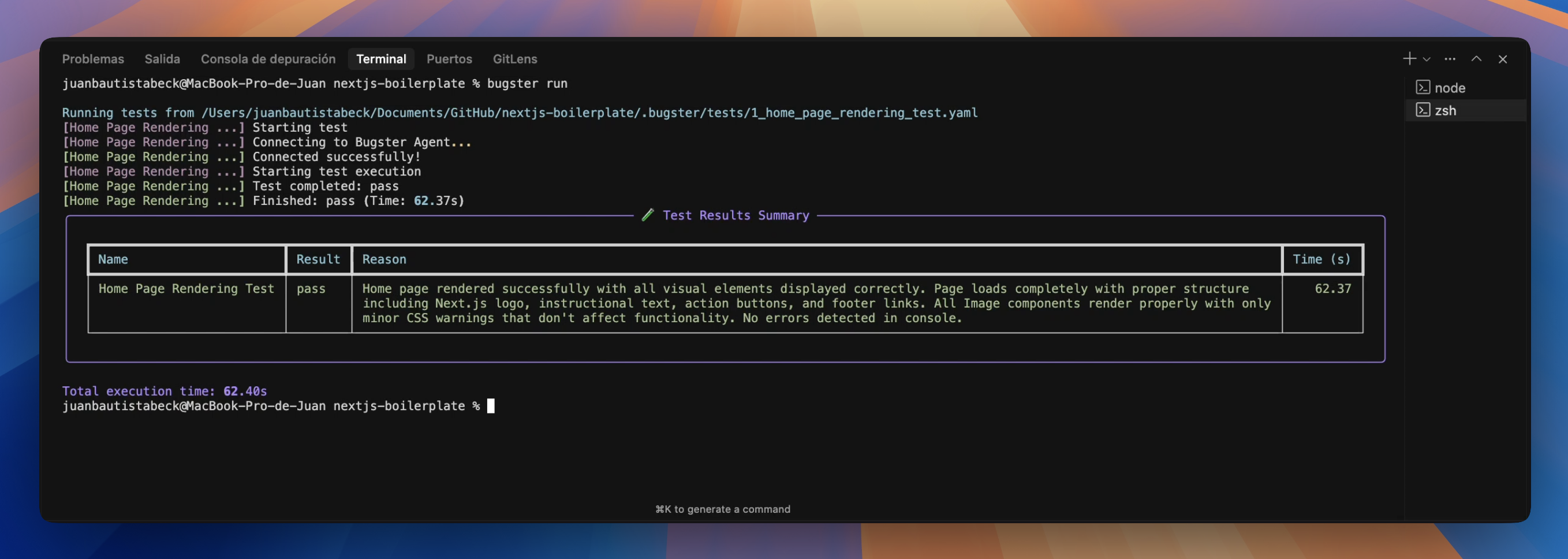 Bugster run command output in terminal