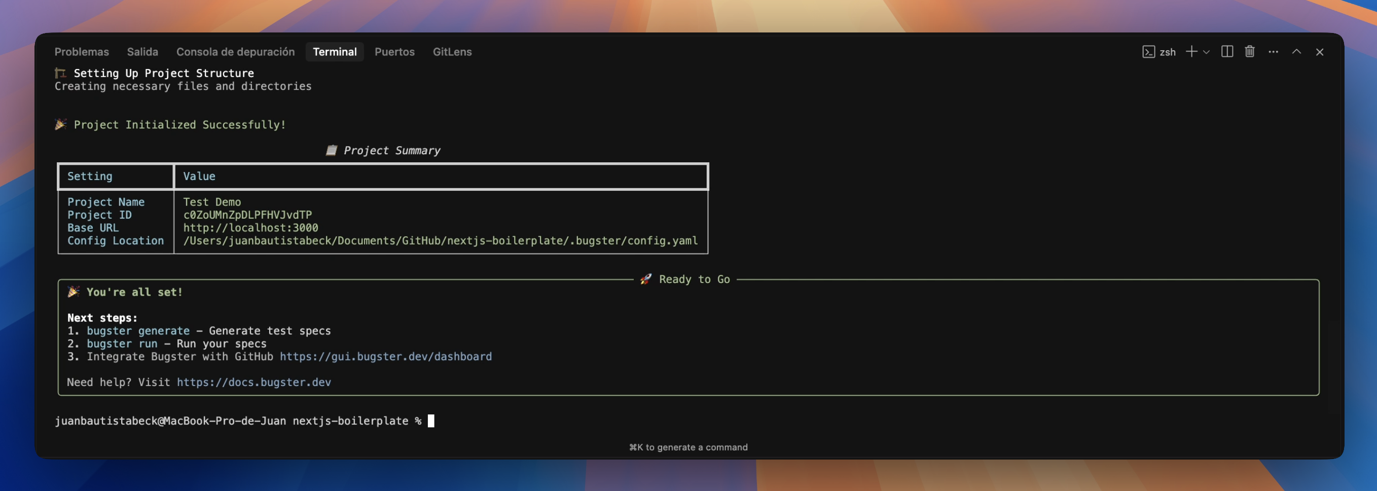 Successful initialization with project summary table