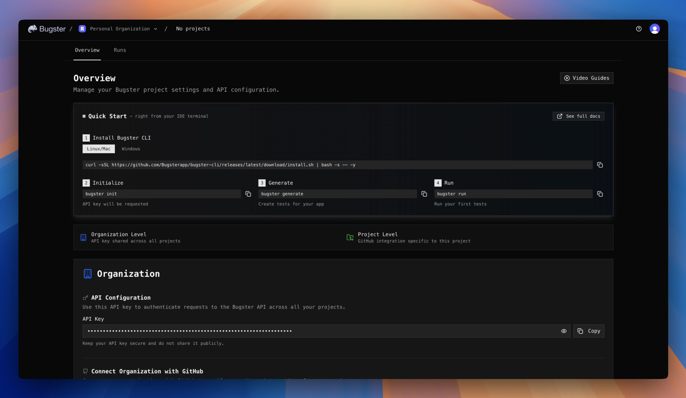 Bugster dashboard showing the API key