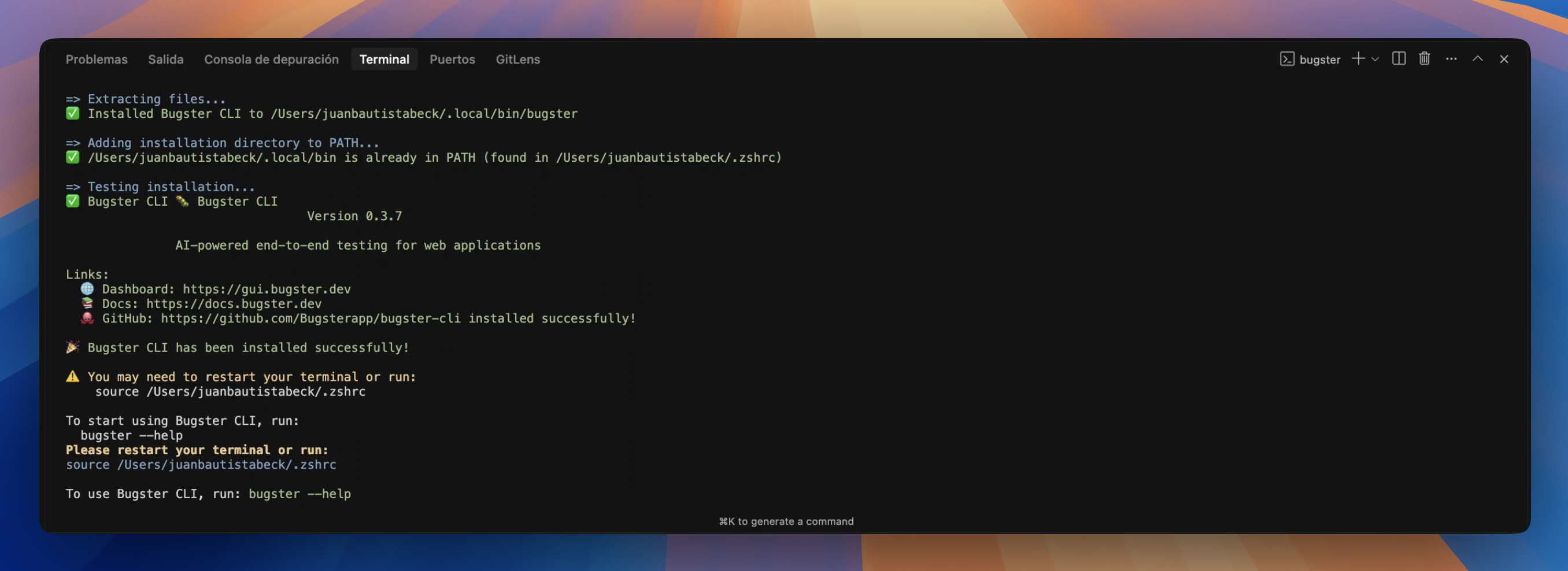 macOS/Linux installation command running in terminal